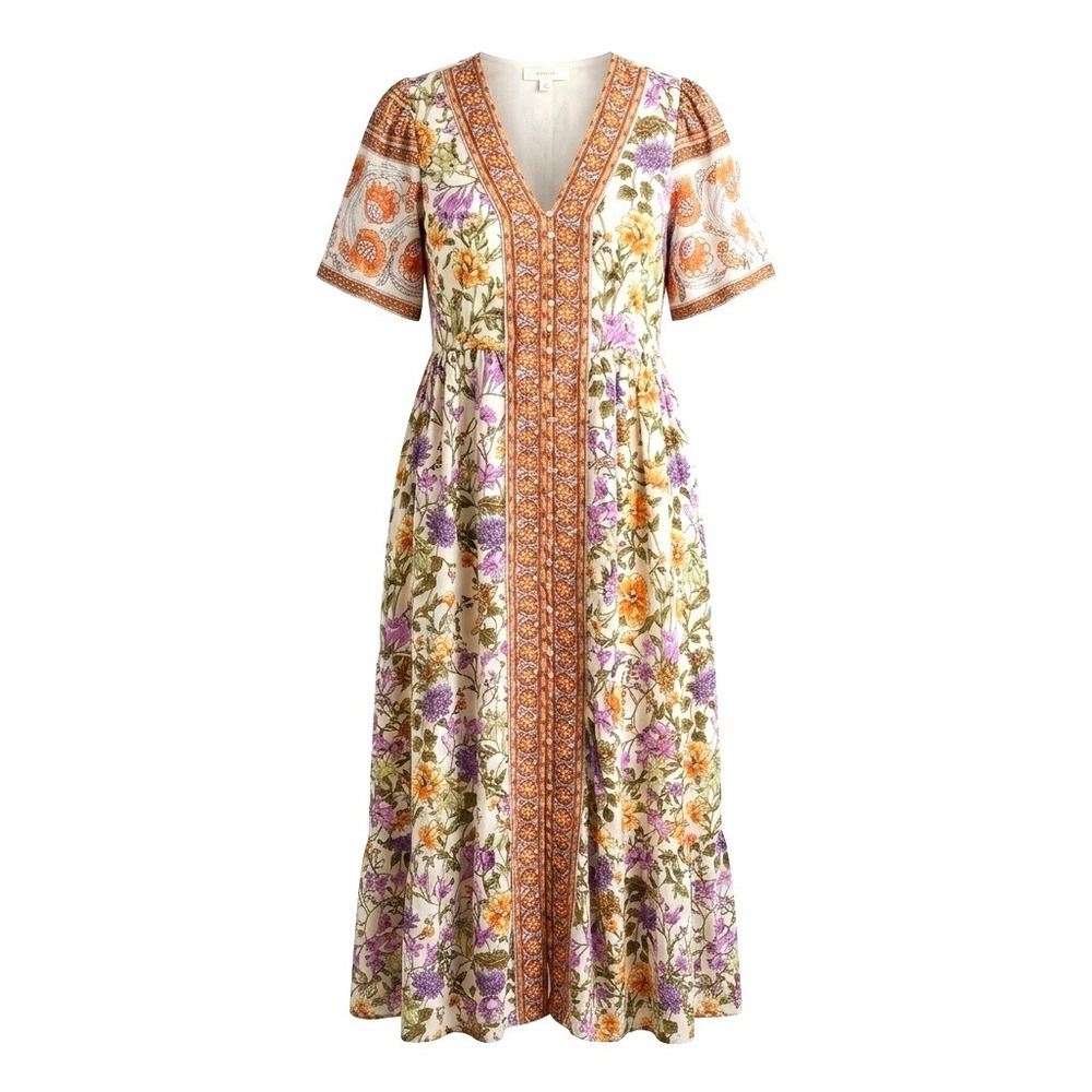 Henly Maxi Dress Womens XL Multi Color Floral Boho Tiered V-Neck Flutter Sleeve